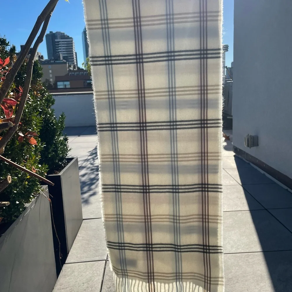100% CASHMERE European Fringed Plaid Cream Scarf